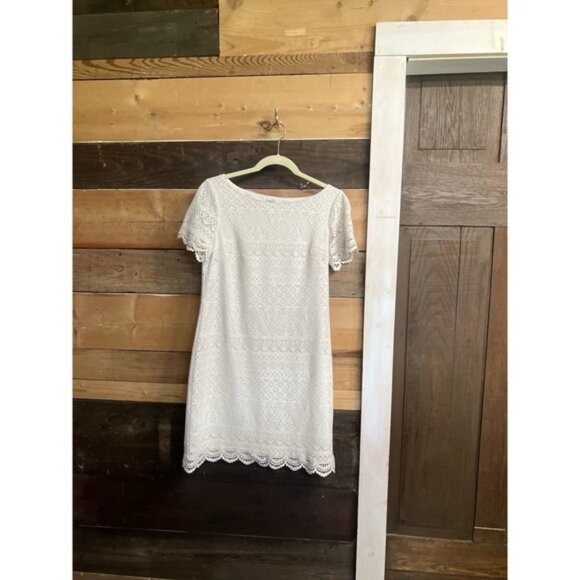 London Style Collection Lace Shift Dress Womens Petite 6P Ivory Crochet - Picture 1 of 8